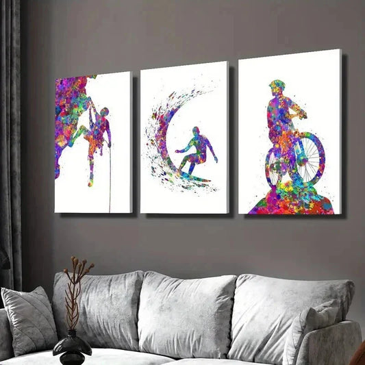 3pcs Colorful Rock Climber Surfer Mountain Biker Wall Art Set Canvas Framed 40x60cm - High Quality Print 100% Australian Made Wall Canvas Ready to Hang