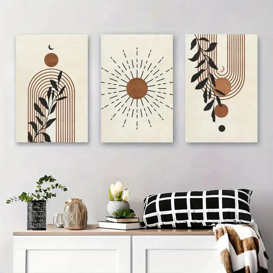 3pcs Modern Boho Style Decor with Sun, Moon Metal Print Ready to Hang Art