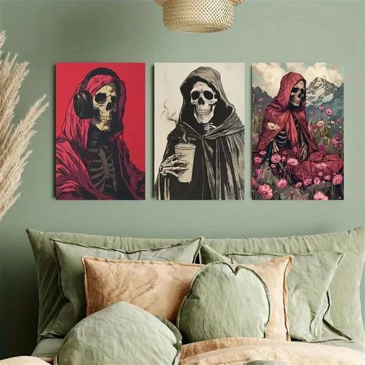 3pcs Skeleton Music, Coffee, Flower Viewing Metal Print Ready to Hang Art