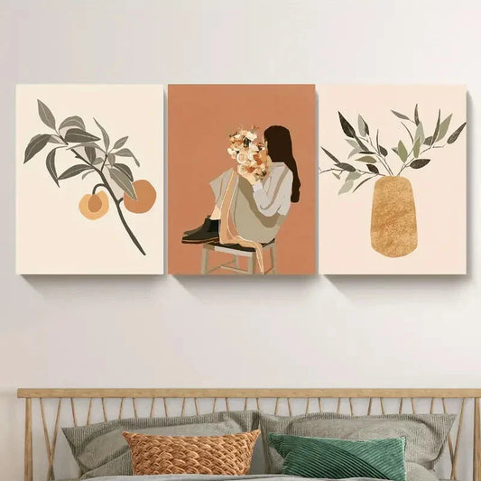 3pcs Modern Flowers and Plants Female Triple Metal Print Ready to Hang Art