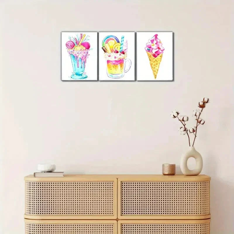 3pcs Ice Cream Drinks Summer Cold Drinks Metal Print Ready to Hang Art