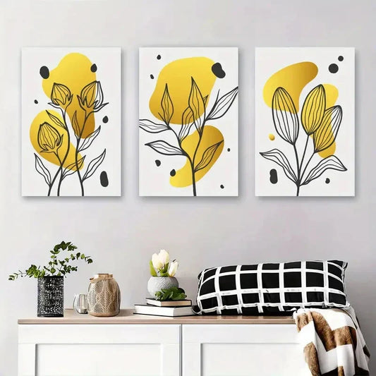 3pcs Abstract Yellow Flower Black Line Drawing Metal Print Ready to Hang Art