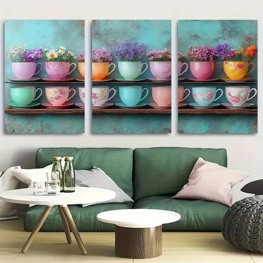 3pcs Vibrant Floral Teacup Stacks Metal Print Ready to Hang Art