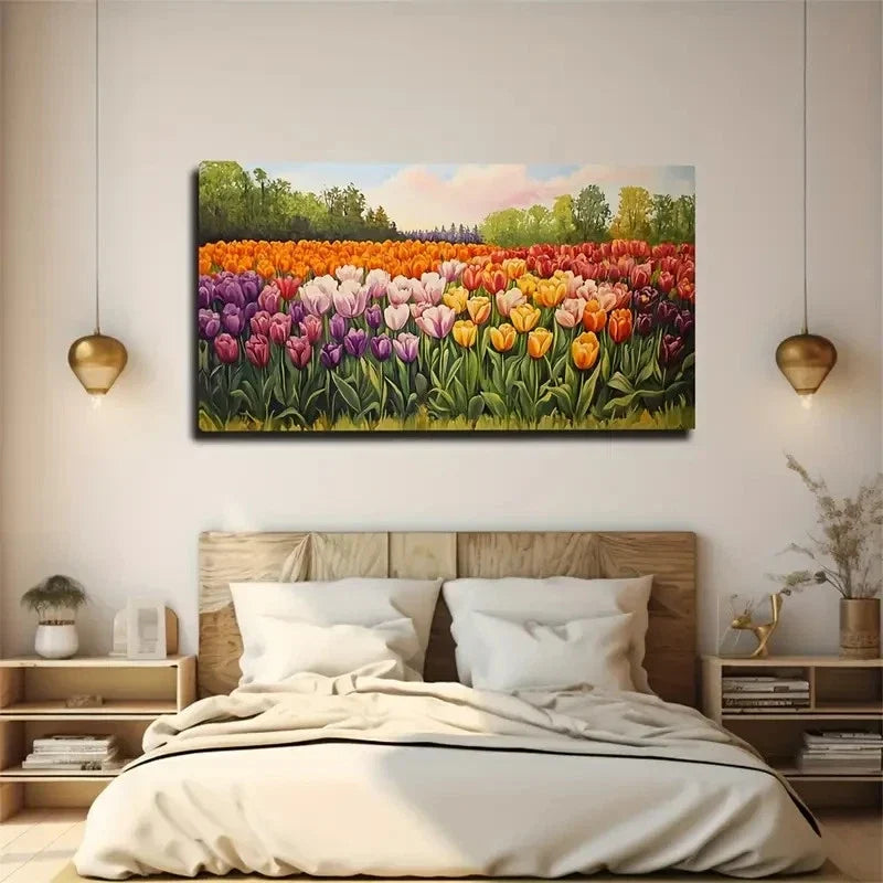 Vibrant Tulip Field Rolling Wall Art Canvas Office Home Room Framed 120x60cm