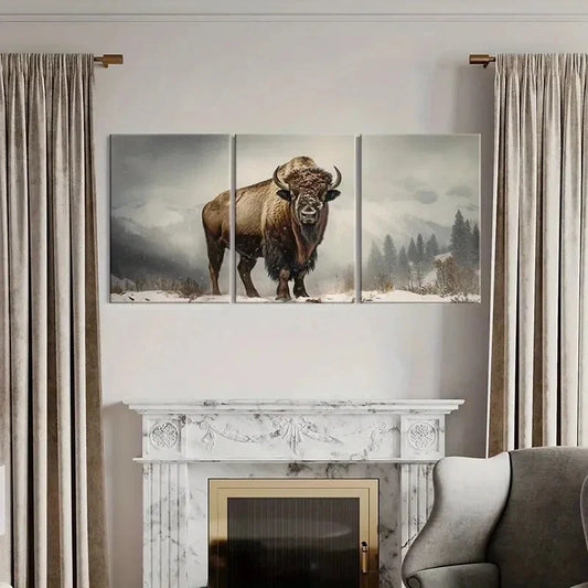 3pcs Majestic Winter Bull with Snowy Mountains Metal Print Ready to Hang Art