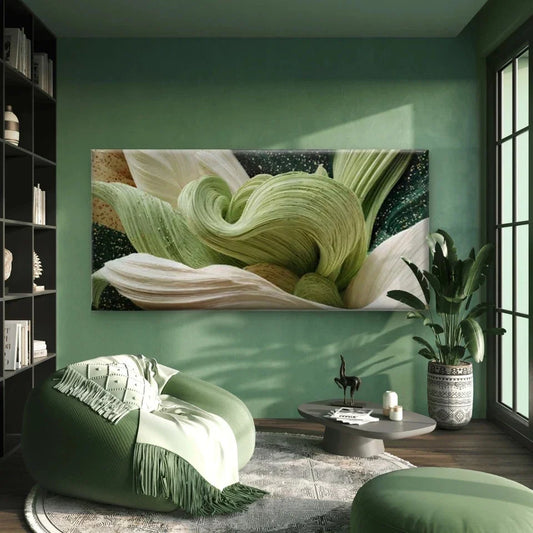 Abstract Floral Green & Curves Wall Art Canvas Office Home Room Framed 80x45cm