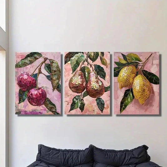 3pcs Fruit Oil Painting, Disco Fruit Mosaic Metal Print Ready to Hang Art