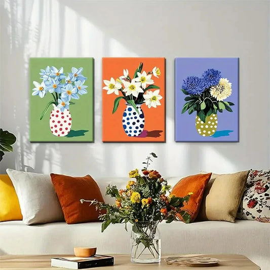 3pcs Polka Dot Vases with Daffodils Perfect Wall Art Set Canvas Framed 40x60cm - High Quality Print 100% Australian Made Wall Canvas Ready to Hang