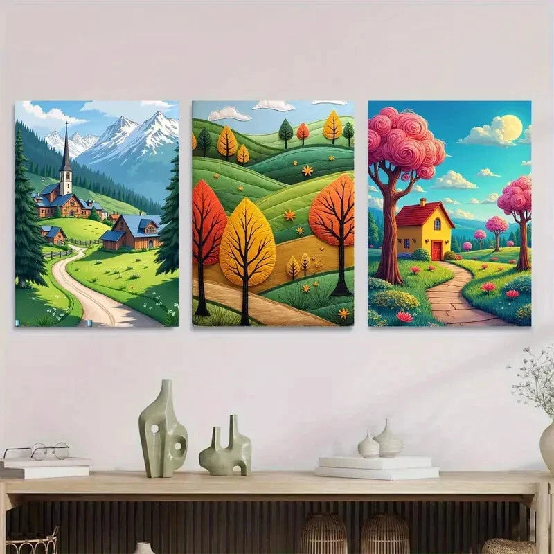 3pcs Scenic Village & Mountain Landscape Metal Print Ready to Hang Art