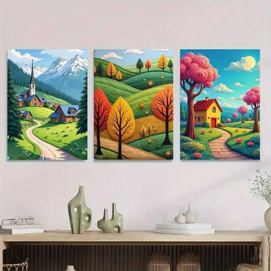 3pcs Scenic Village & Mountain Landscape Metal Print Ready to Hang Art
