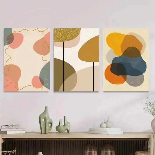 3pcs Vibrant Geometric Canvas Prints with Golden Metal Print Ready to Hang Art