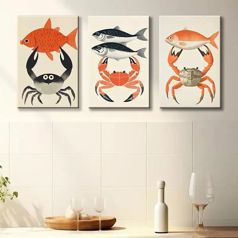 3pcs Art Of Crab & Bluefin Tuna Design Canvas Framed 40x60cm - High Quality Print 100% Australian Made Wall Canvas Ready to Hang