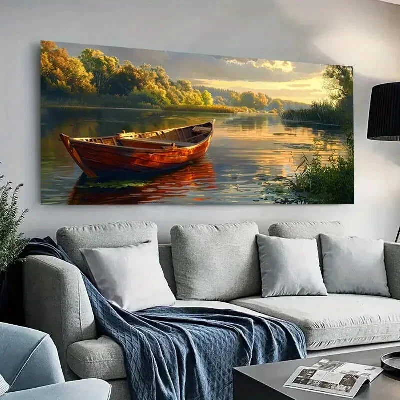 River sunset lonely boat wall canvas office home room framed 120x60cm