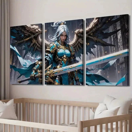3pcs Sword Wielding Female Knight with Armor Wall Art Set Canvas Framed 40x60cm - High Quality Print 100% Australian Made Wall Canvas Ready to Hang