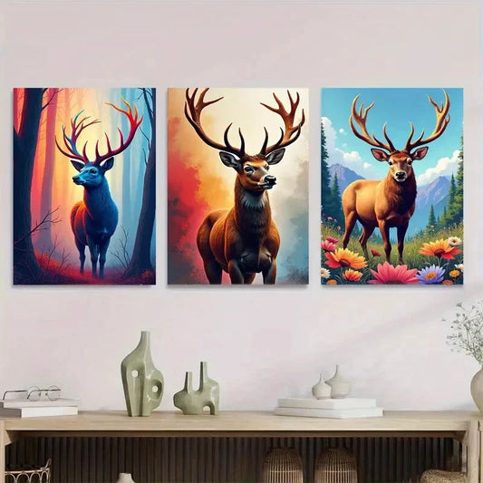 3pcs Colorful Deer Forest Triptych Floral Metal Print Ready to Hang Art