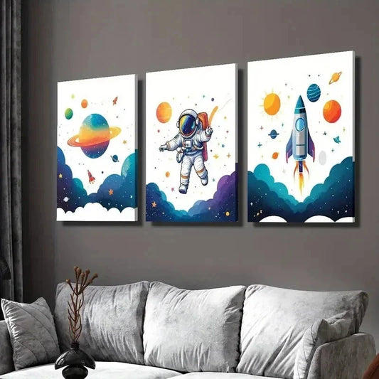 3pcs Cute Astronaut Traveling Planet & Rockets Wall Art Set Canvas Framed 40x60cm - High Quality Print 100% Australian Made Wall Canvas Ready to Hang