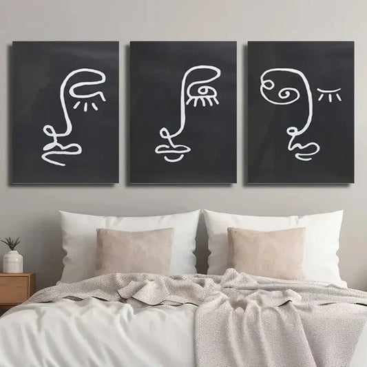 3pcs Abstract Black And White Line Human Face Metal Print Ready to Hang Art