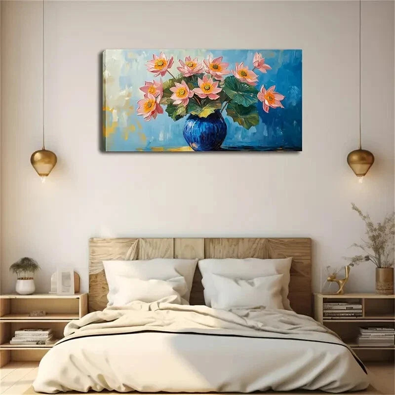 Blue Vase Pink Lotus Flowcers Wall Art Canvas Office Home Room Framed 120x60cm