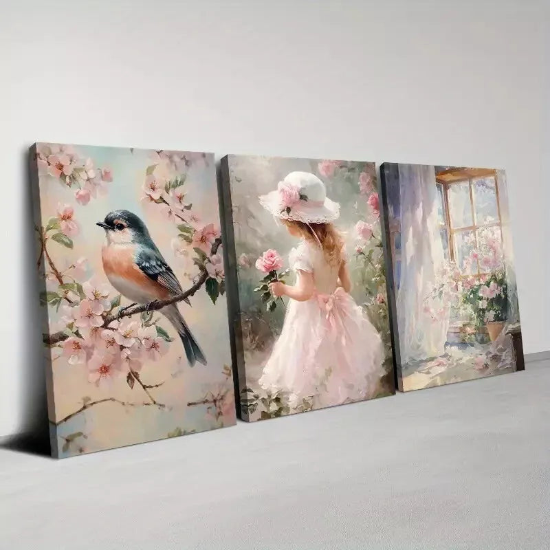 3pcs Pink Flowers Charming Spring Cute Girl Wall Art Set Canvas Framed 40x60cm - High Quality Print 100% Australian Made Wall Canvas Ready to Hang