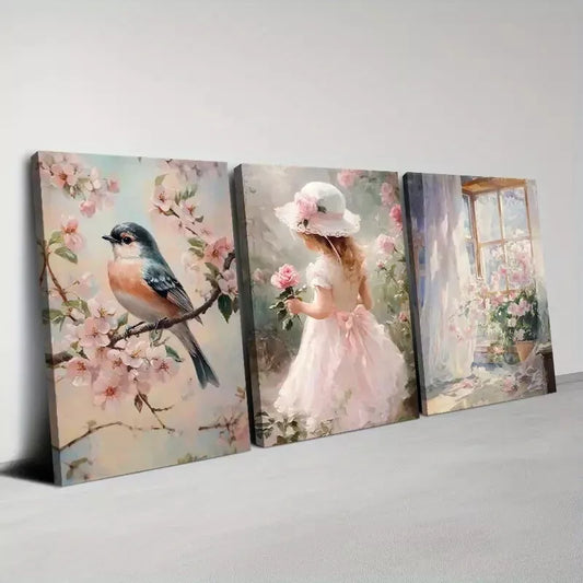 3pcs Pink Flowers Charming Spring Cute Girl Wall Art Set Canvas Framed 40x60cm - High Quality Print 100% Australian Made Wall Canvas Ready to Hang