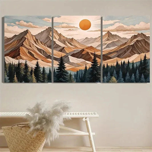 3pcs Sun Mountains Trees Scenery Metal Print Ready to Hang Art