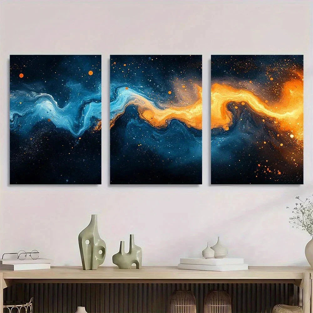 3pcs Abstract Fluid Vivid Blue & Orange Swirls Metal Print Ready to Hang Art