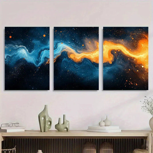 3pcs Abstract Fluid Vivid Blue & Orange Swirls Metal Print Ready to Hang Art