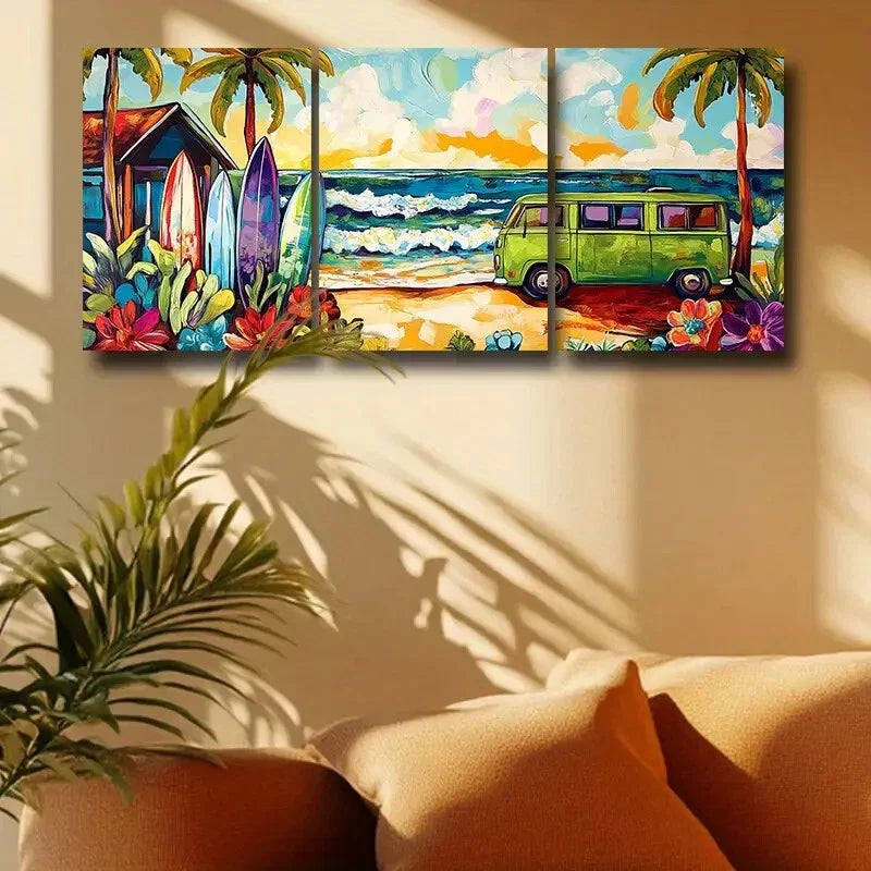 3pcs Colorful Surf Van & Palm Trees Design Metal Print Ready to Hang Art