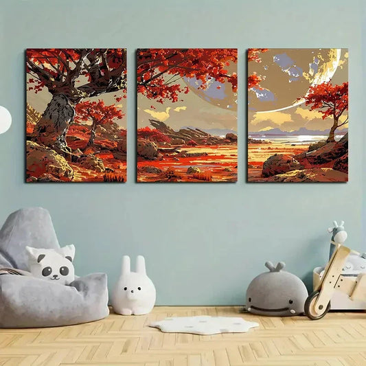3pcs Autumn Scenery Red Leaf Tree Blue Sky Metal Print Ready to Hang Art