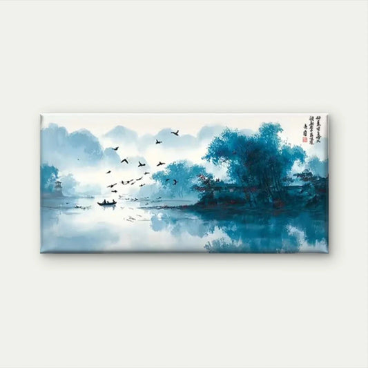 Landscape with Rowboat & Birds Wall Art Canvas Office Home Room Framed 80x45cm