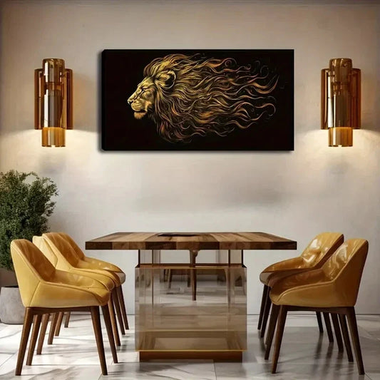 Lion'S Golden Fur in Blcack Wall Art Canvas Office Home Room Framed 120x60cm