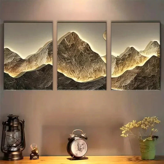 3pcs Jinshan Mountain Range Golden Metal Print Ready to Hang Art