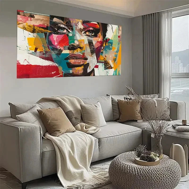 Vibrant Geometric Face Design Wall Art wall canvas office home room framed 120x60cm