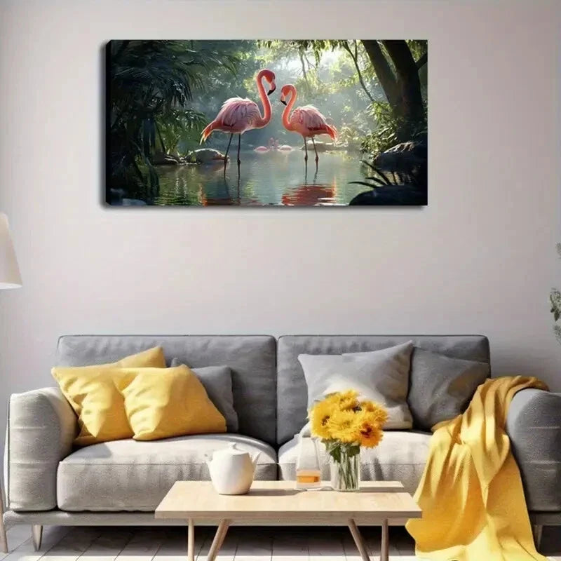 Two Flamingos in Water Modern Wall Art Canvas Office Home Room Framed 120x60cm