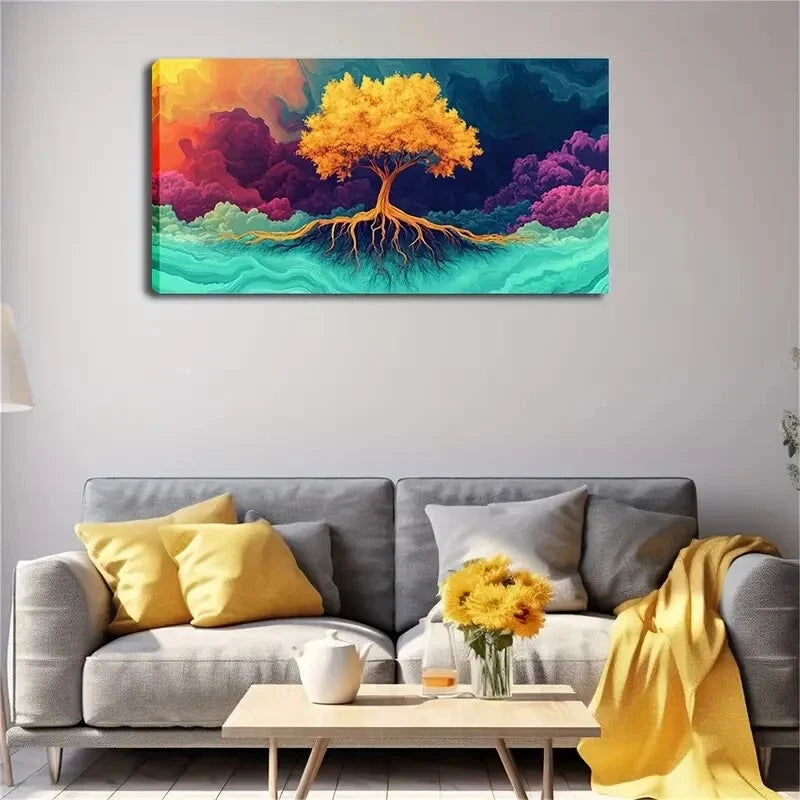 Golden Tree with Vibrant Color Wall Art Canvas Office Home Room Framed 80x45cm