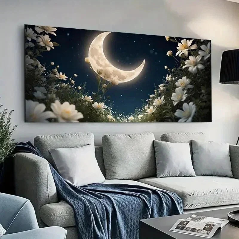 Night Stars White Flowers wall canvas office home room framed 120x60cm
