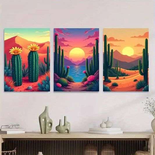 3pcs Desert Oasis Triptych Vibrant Cactus Sunset Metal Print Ready to Hang Art