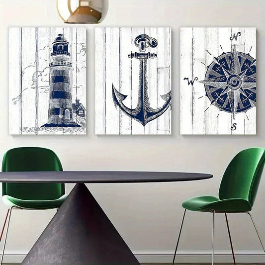 3pcs Light House Blue & Gray Elegant Metal Print Ready to Hang Art