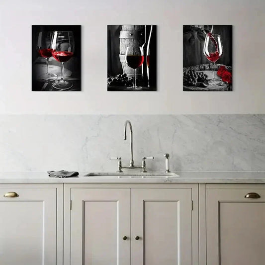 3pcs  Romantic Red Wine Goblets Metal Print Ready to Hang Art