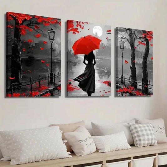 3pcs Black & White Girl with Red Umbrella Wall Art Set Canvas Framed 40x60cm - High Quality Print 100% Australian Made Wall Canvas Ready to Hang