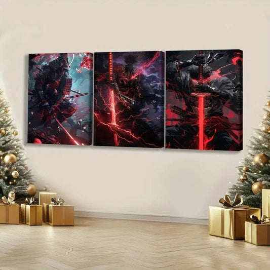 3pcs Anime Comic Vivid Color Samurai Thunder Red Wall Art Set Canvas Framed 40x60cm - High Quality Print 100% Australian Made Wall Canvas Ready to Hang