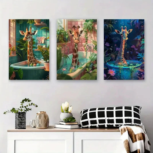 3pcs Giraffe in Bathtub Whimsical Giraffe Metal Print Ready to Hang Art