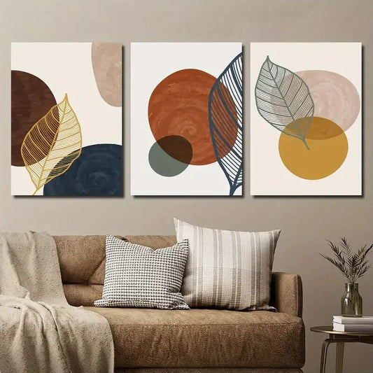 3pcs Colorful Geometric Shape Golden Plant Leaves Metal Print Ready to Hang Art