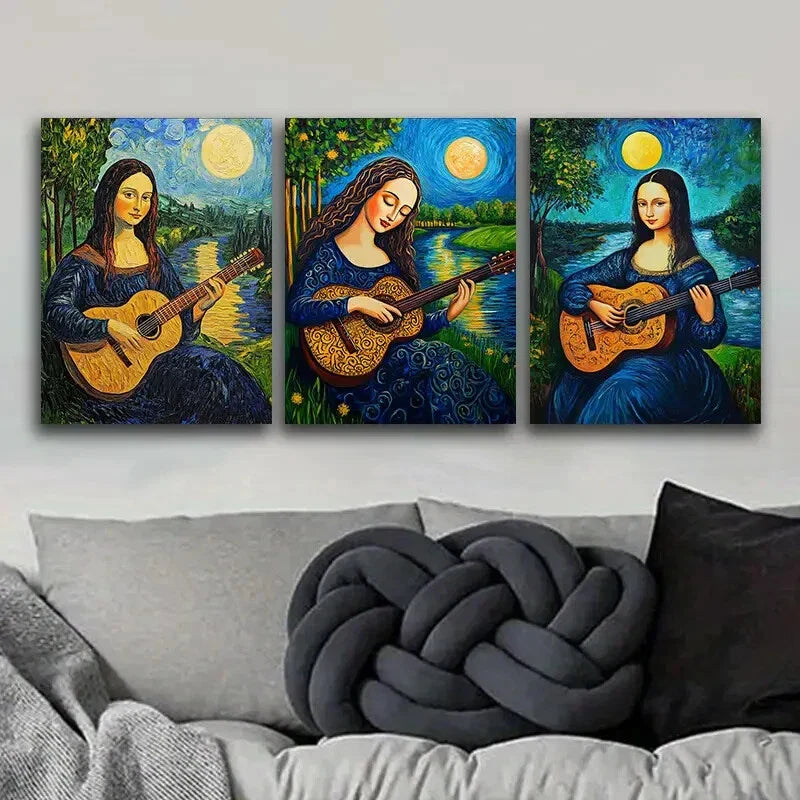 3pcs  Mona Lisa plays guitar Metal Print Ready to Hang Art