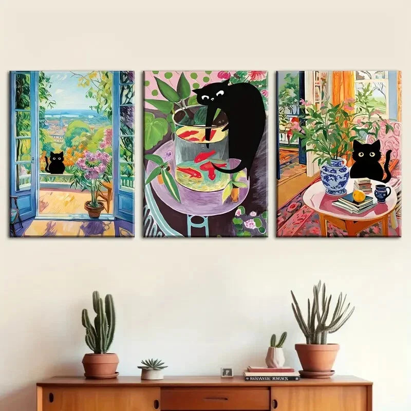 3pcs Vibrant Feline Scenes with Flowers  Metal Print Ready to Hang Art