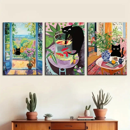3pcs Vibrant Feline Scenes with Flowers  Metal Print Ready to Hang Art