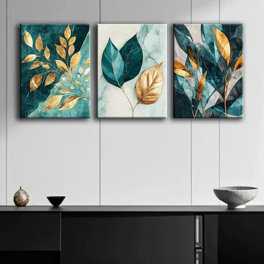 3pcs Teal and Gold Leaf Nature Beauty Perfect Wall Art Set Canvas Framed 40x60cm - High Quality Print 100% Australian Made Wall Canvas Ready to Hang