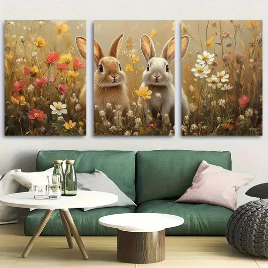 3pcs Adorable Rabbits in Meadow Rustic Spring Metal Print Ready to Hang Art