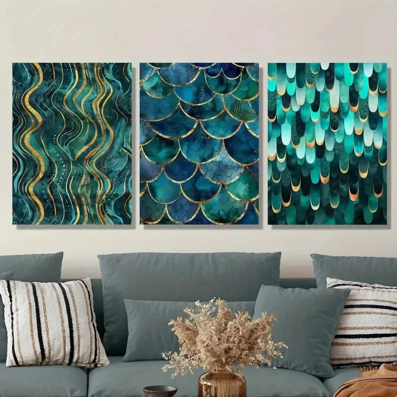3pcs Golden and Cyan Swirl Design, Metal Print Ready to Hang Art