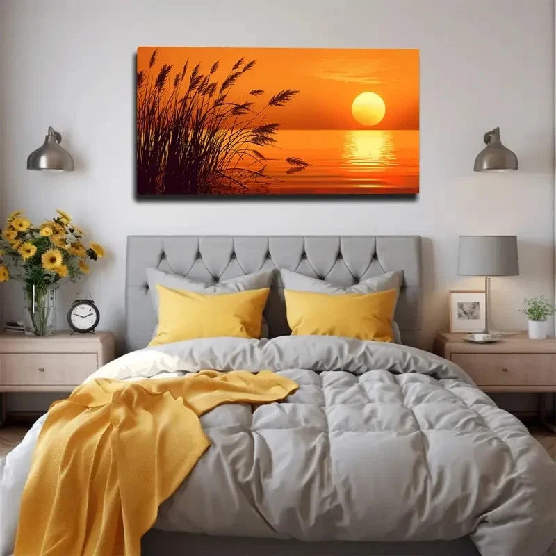 Serene Beach Reed Sunset Scene Wall Art Canvas Office Home Room Framed 120x60cm